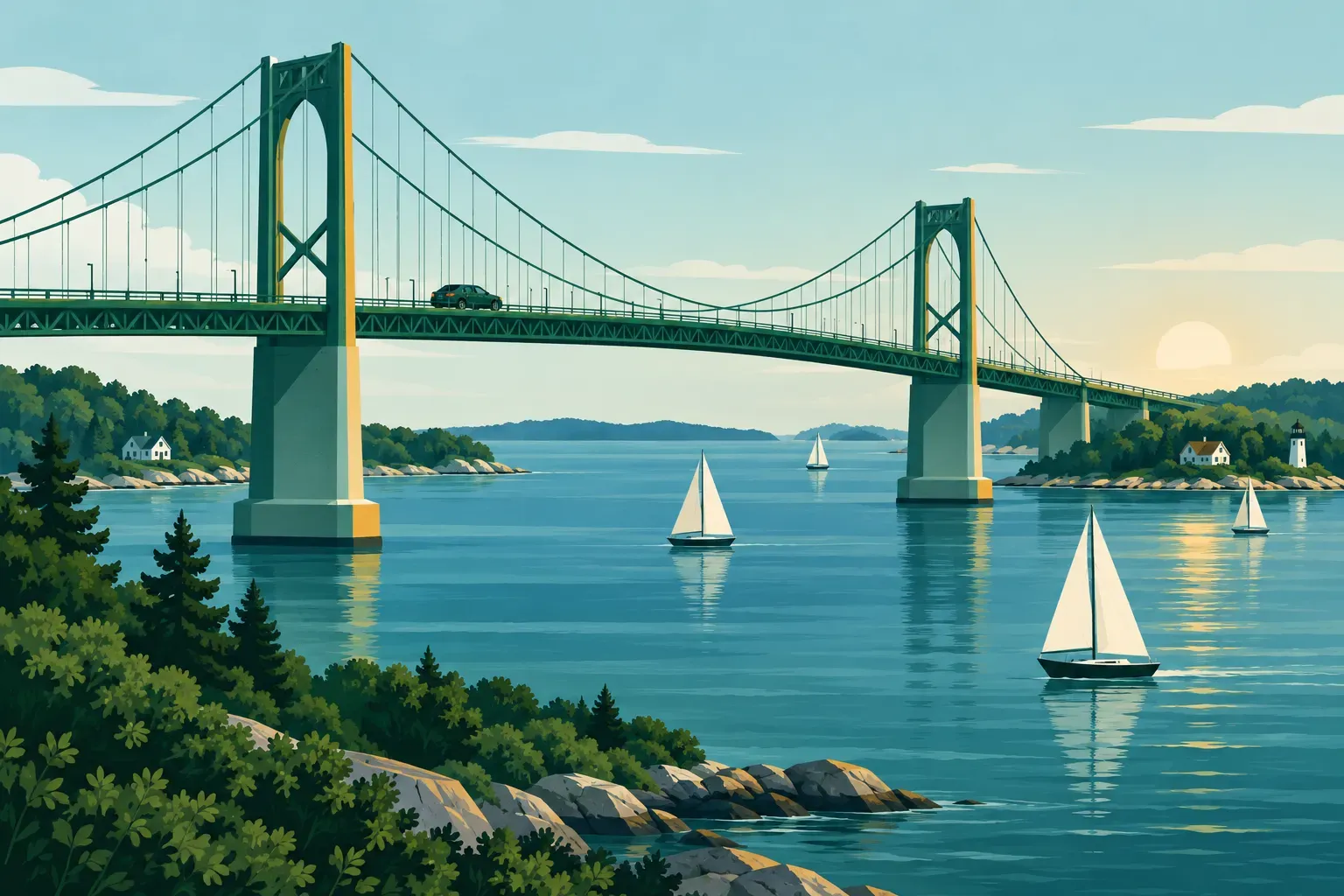 A bridge over a bay with sailboats, a typical landscape of Rhode Island