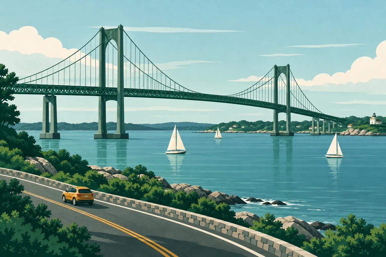 The Newport Pell Bridge over Narragansett Bay with sailboats, in Rhode Island